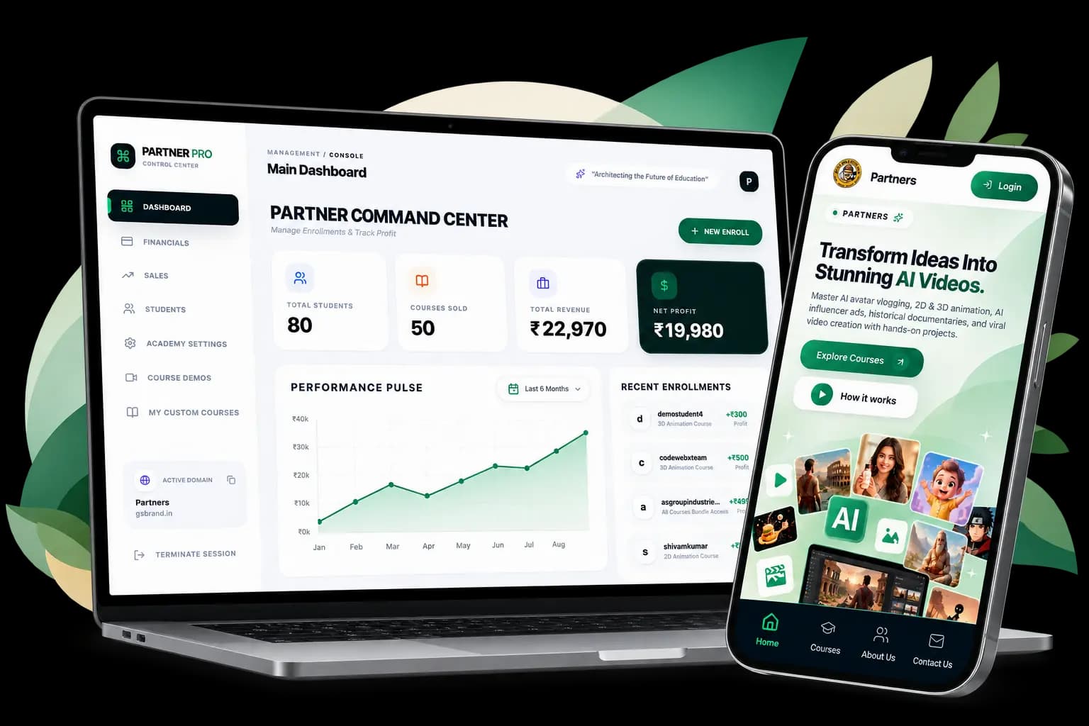 Alife Stable Partner Education Dashboard Mockup showing courses, earnings, and admin controls
